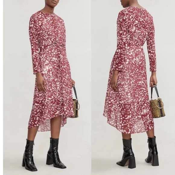 MAJE RIVOLE DRESS Burgundy Red White Print Long Sleeve Midi Dress Size 1 - Picture 2 of 10